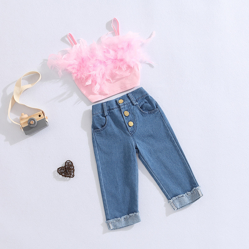 Girls Clothes Sets 1-6Y Ruffles Fur Feather Sleeveless Camisole Tops and High Waist Denim Pants 2pcs