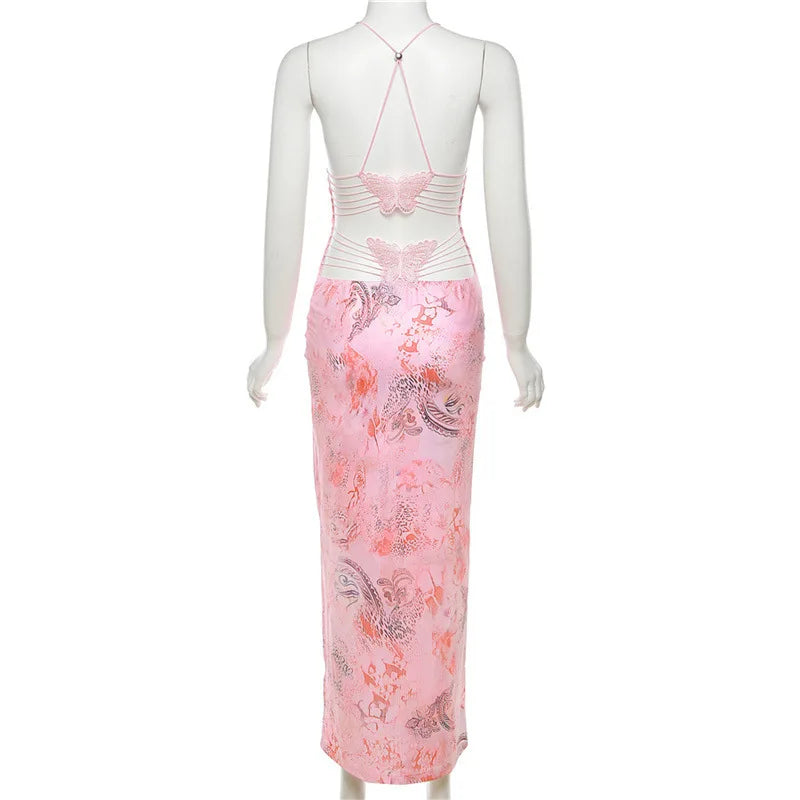 Women's Maxi Backless Butterfly Print Sleeveless Thin Line Summer Party Dress