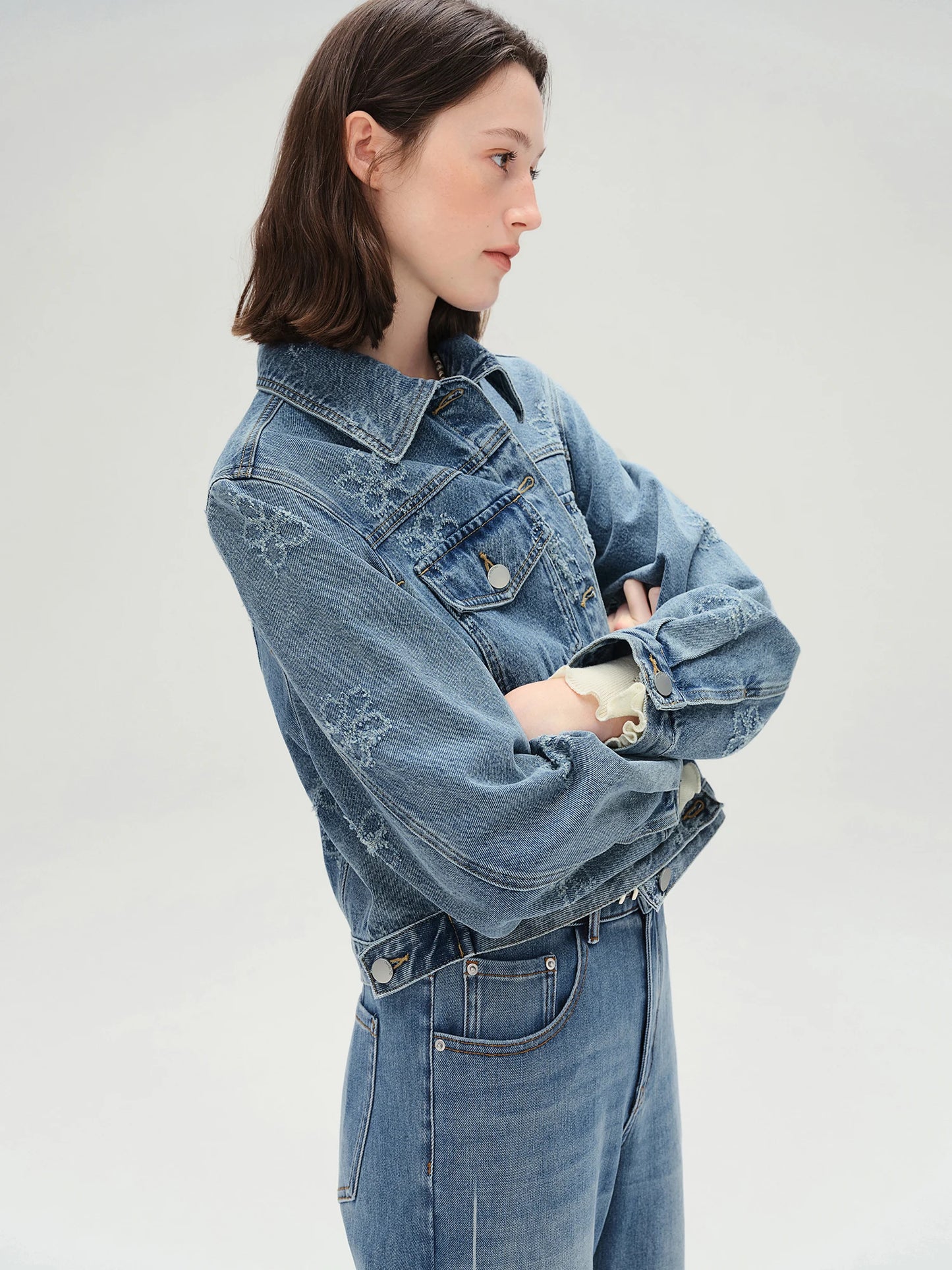 Women's Fringed Denim Jacket & Suspender Skirt Set