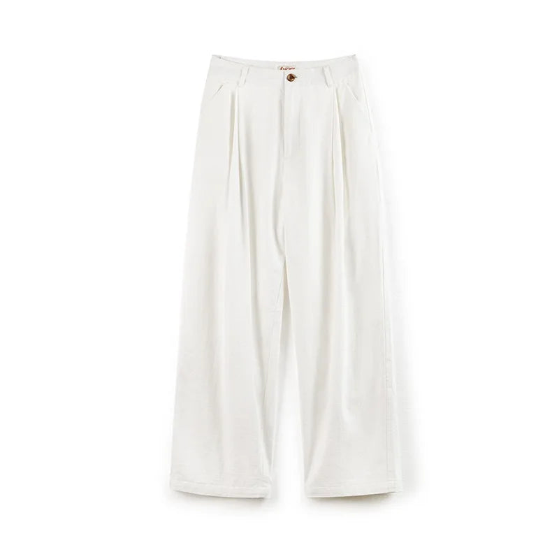 Women's White 100% Cotton Wide-Leg Cargo Trousers | Loose Straight Streetwear Pants