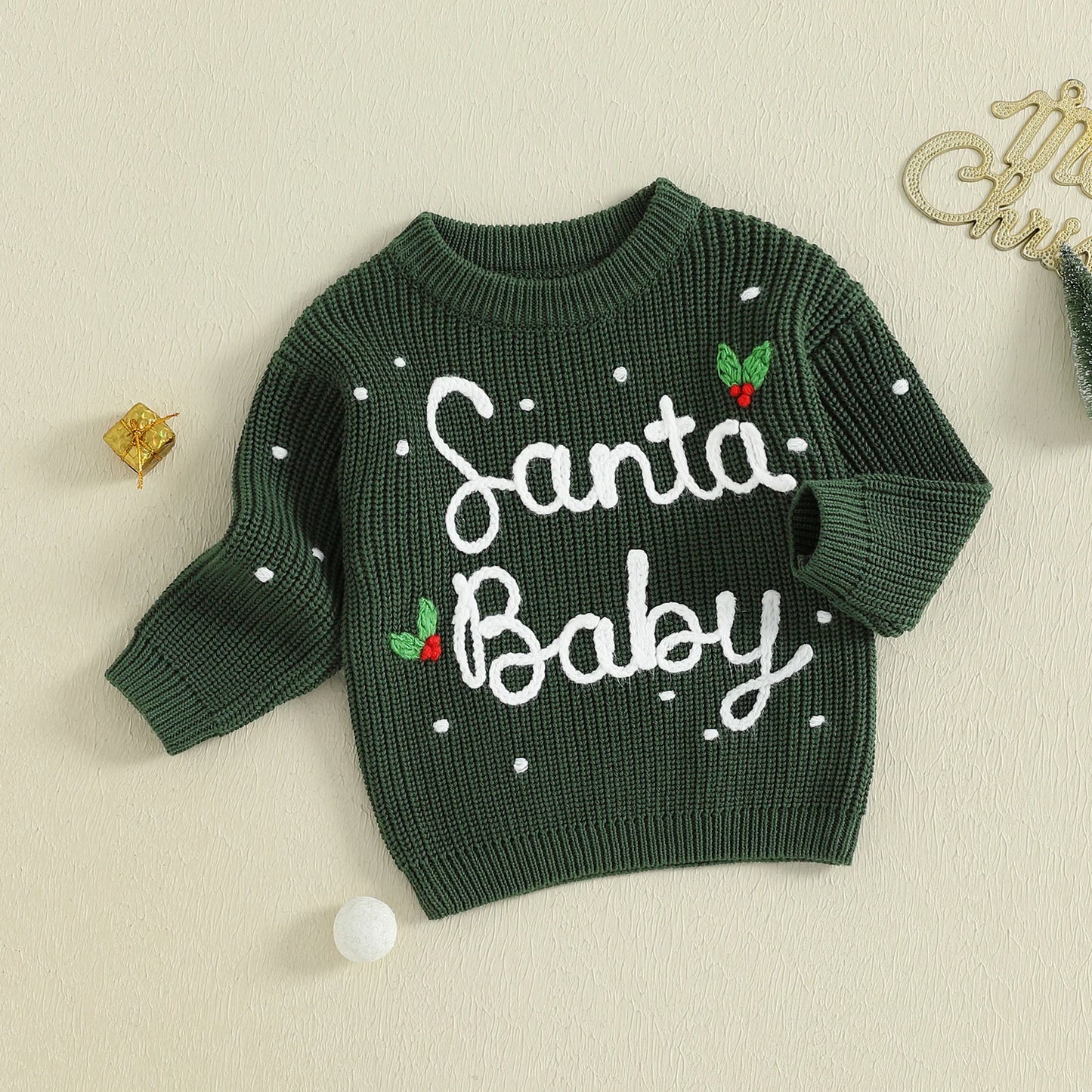 0-5Y Kids Boys Girls Christmas Sweater Letter Embroidered Crew Neck Long Sleeve Pullover Knit Top