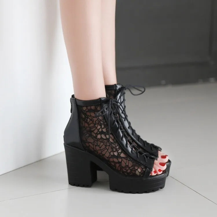 Women's Open Toe Summer Short Back Zipper Leather Mesh Hollow Cool Boots