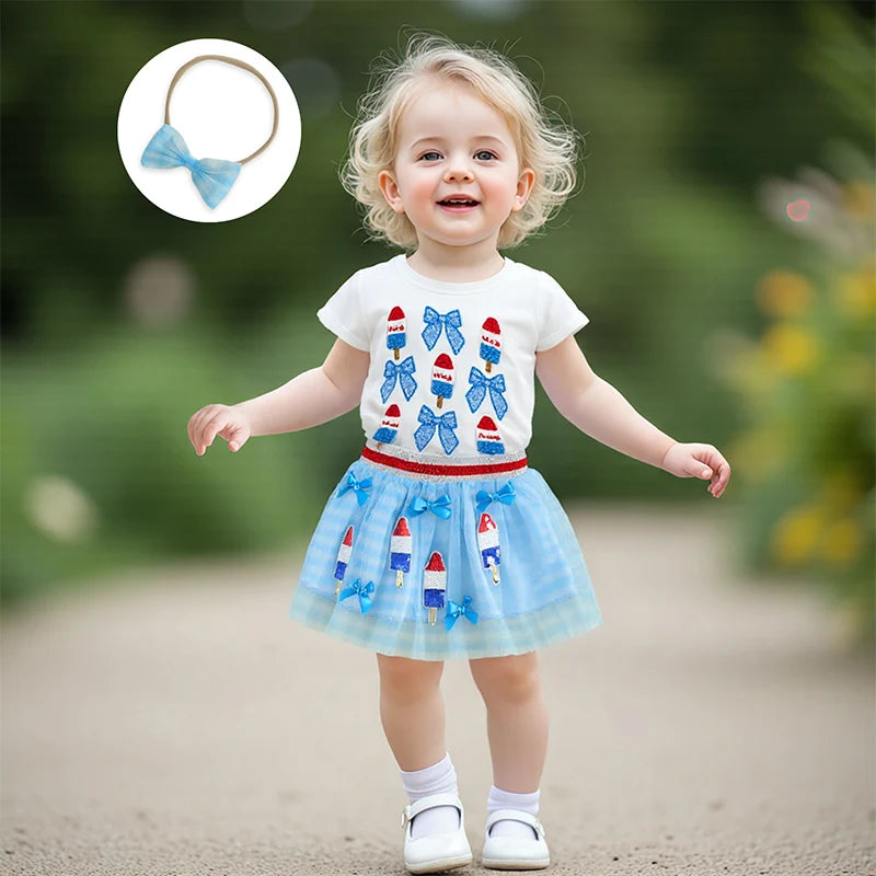 0-6Y Kids Girls American Flag Clothes Sets Bow Embroidery Short Sleeve T Shirt Mesh Lace Skirt Headband