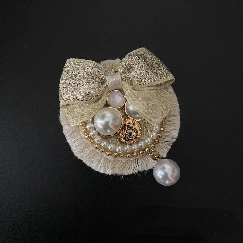 Women's Rhinestone Pearl Bow Brooches Fabric Flower Badge High-end Fixed Lapel Pins