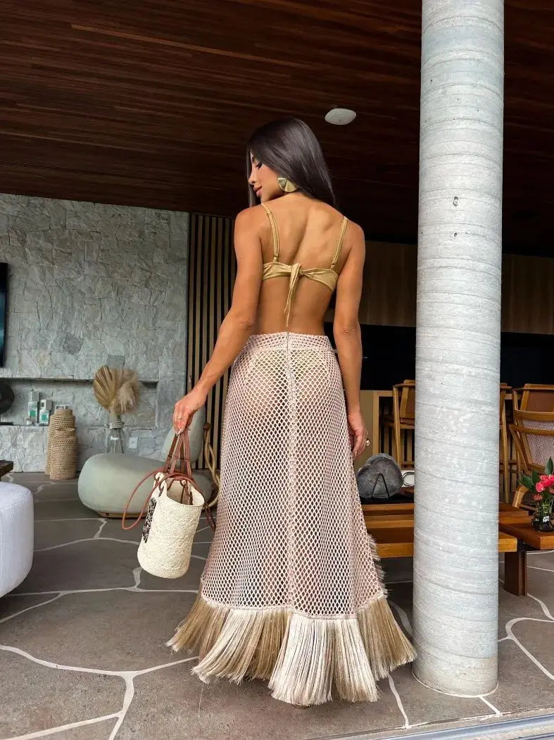 Women's 3-Piece Bikini Set with Tassel Skirt | Wire-Free | Padded | Mid Waist | Beach | S–XL