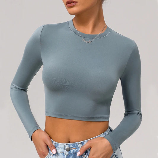 Women's Slim Fit Yoga Shirt Solid Colour Long Sleeve Gym Running Top Breathable Quick Dry Workout Crop Top Sportswear