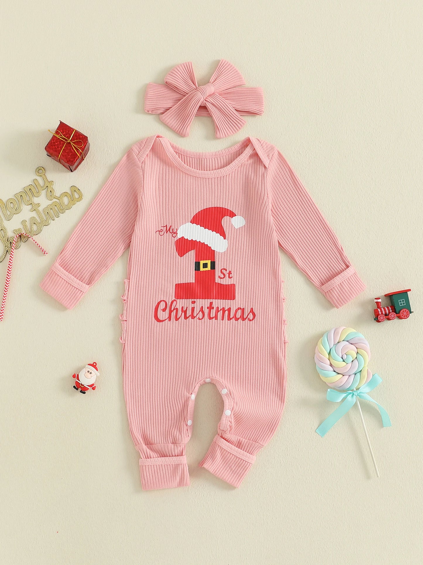 Baby Christmas Romper - Letter Hat Print Long Sleeve Jumpsuit with Headband (0-18M)