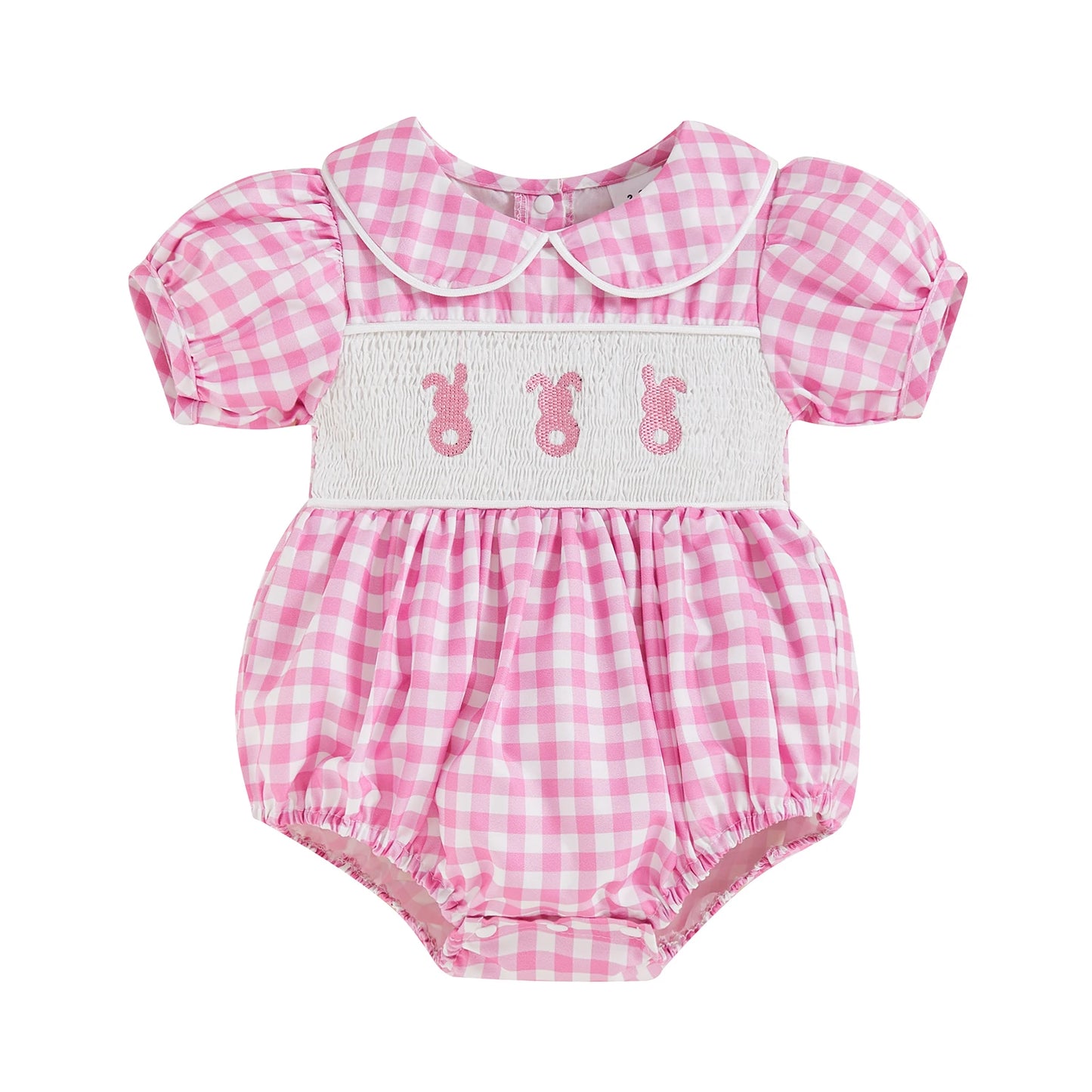 Baby Easter Romper with Bunny Embroidery - Smocked Doll Collar Bodysuit (Unisex)