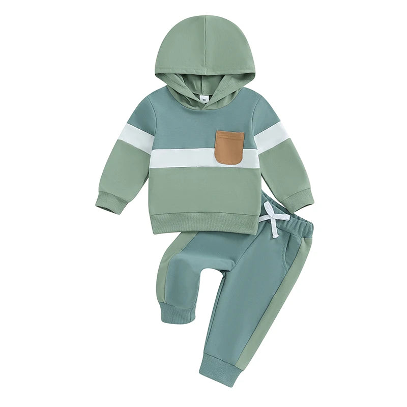 0-4Y Toddler Kids Boys Girls Fall Clothes Set Color Patchwork Long Sleeve Hooded Sweatshirt and Elastic Waist Pants