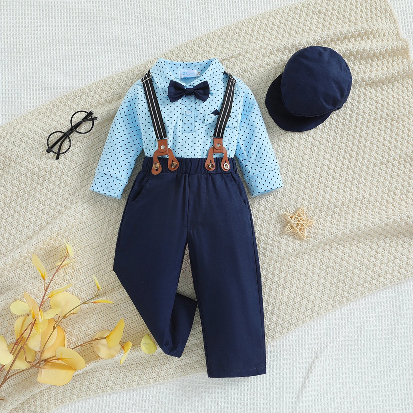 0-18M Autumn Baby Boys Gentleman Clothes Sets 3pcs Long Sleeve Polka Dots Print Shirt + Suspender Pants + HaT