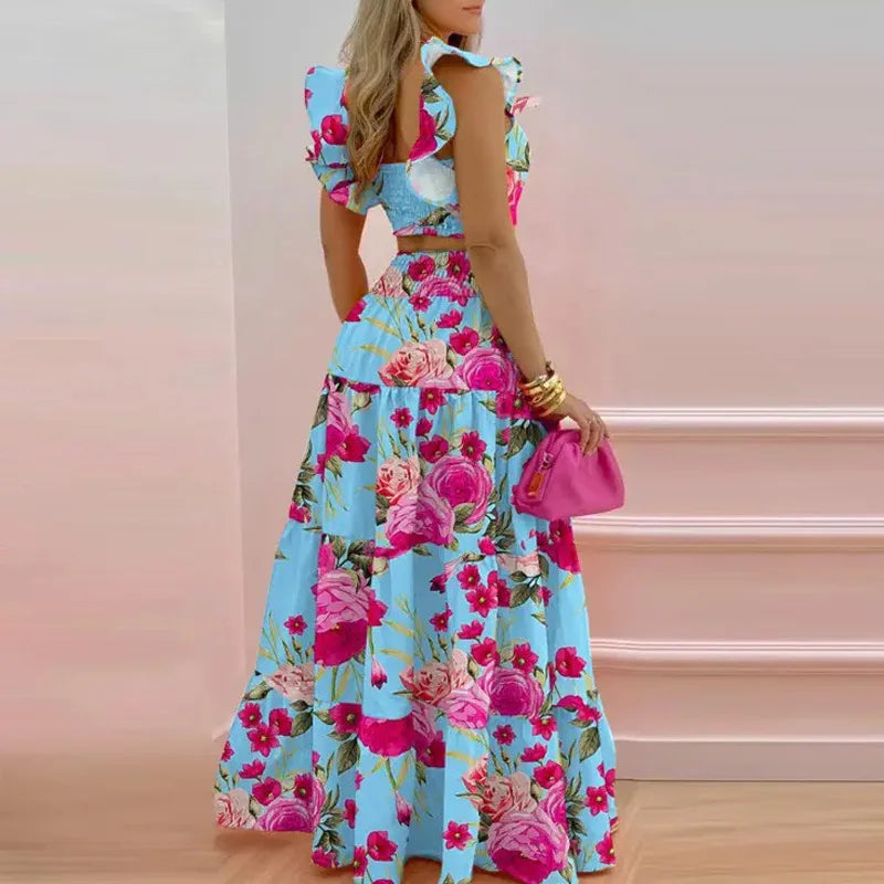 Women's Square Collar Flying Sleeve Ruched Crop Top & A-Line Ankle Skirt Set