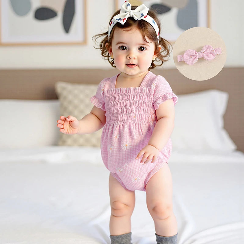 Baby Girls Romper Set with Headband - Plaid Flower Print Short Sleeve Bodysuit 2-Piece