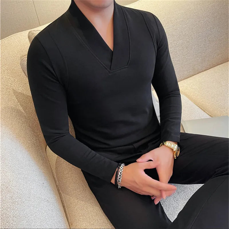 Men's Slim Fit V-Neck Patchwork T-Shirt