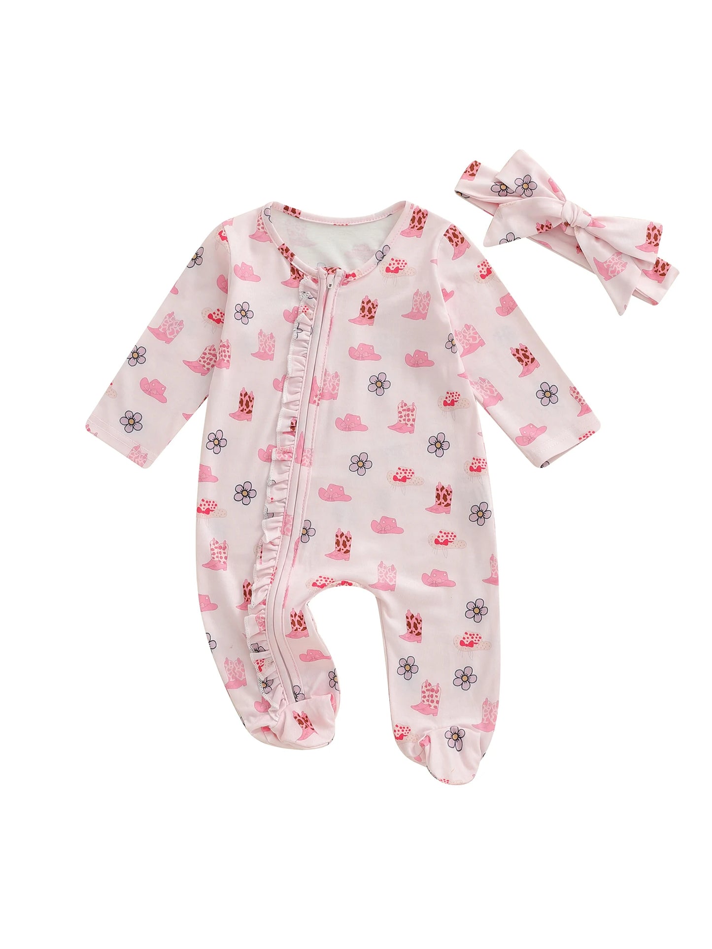 Baby Fall Winter Romper with Floral Hat Print - Zip Up Footed Jumpsuit & Headband (0-18M)