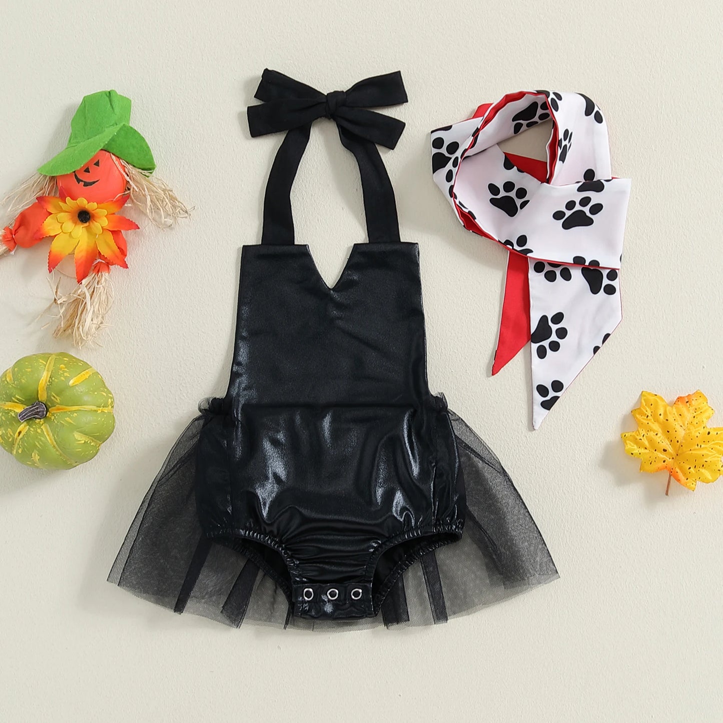 0-3Y Girls Halloween Cosplay Costume Romper Set - Sleeveless Tulle Jumpsuits Dress & Scarf Set