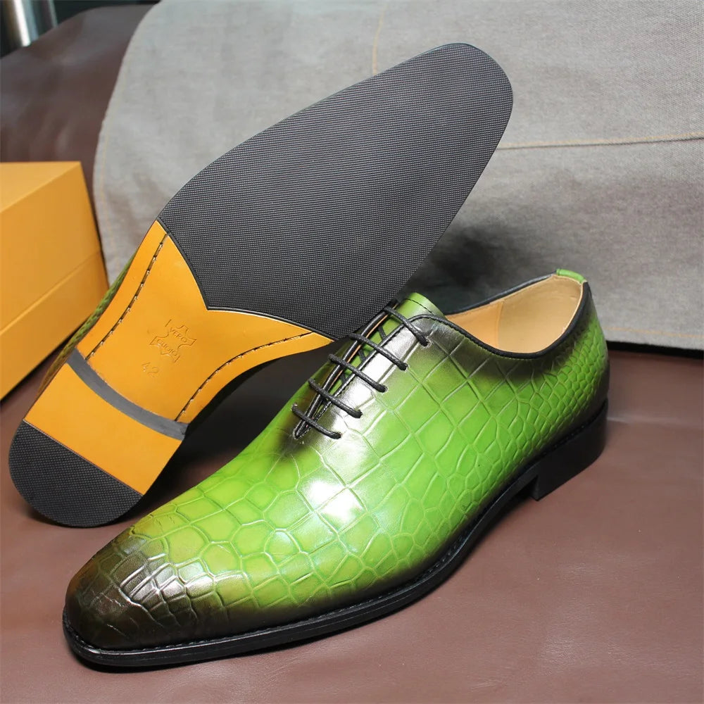 Men's Genuine Cow Leather Crocodile Print Business  Formal Wedding Shoes