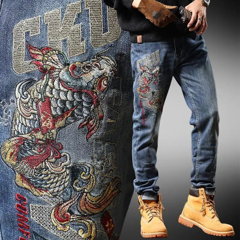 Men's Chinese Embroidered Slim Jeans - Elastic Fit