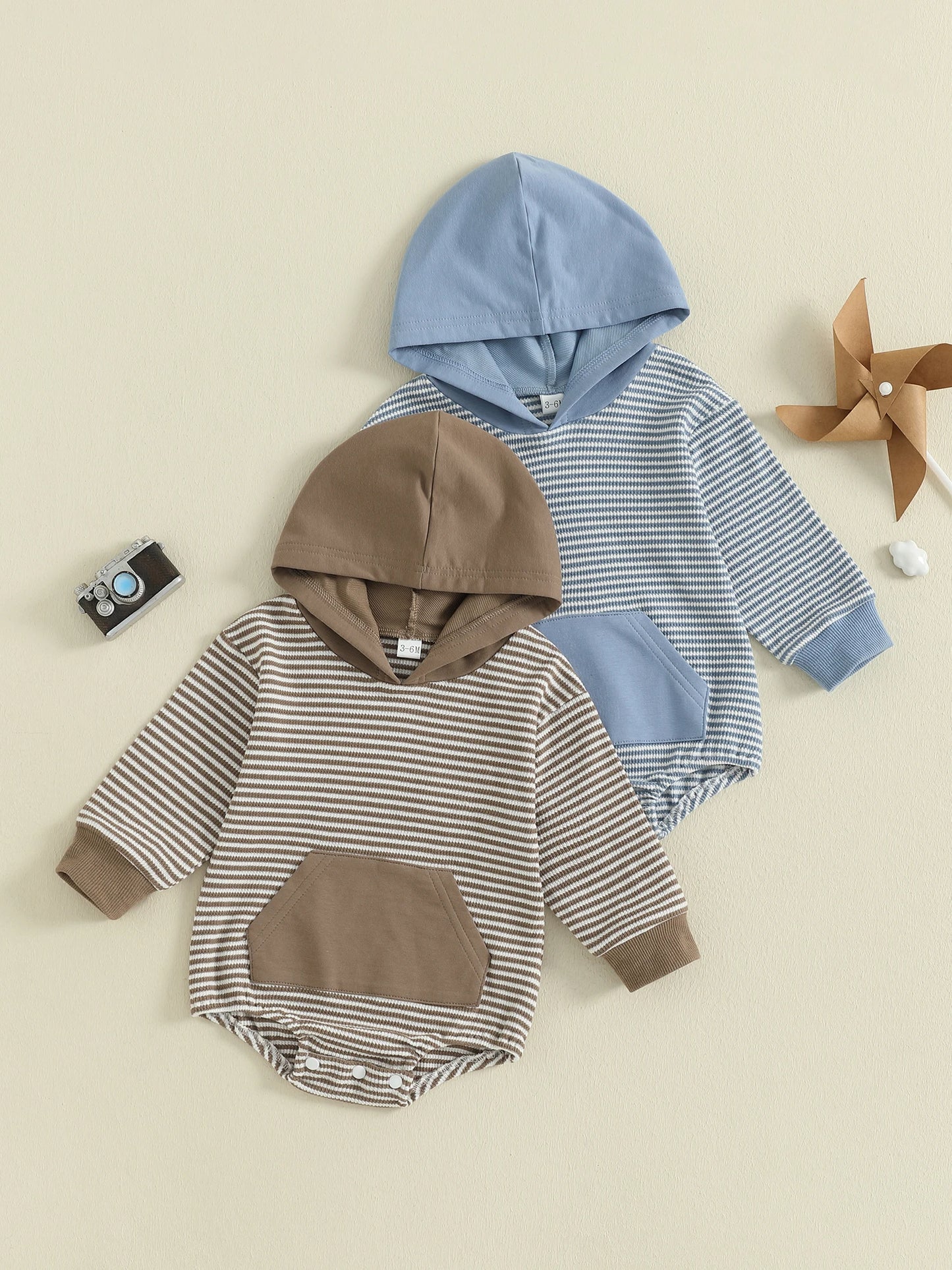 Newborn Baby Boys Fall Romper - Long Sleeve Hooded Stripe Bodysuit with Front Pocket (0-18M)