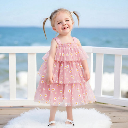 Kids Girls Summer Dress 1-6Y Sleeveless Flower Decor Sequins Star Tiered Mesh Tulle Layered Dress