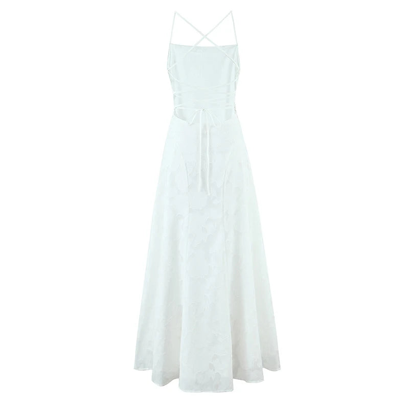 Backless Bandage Evening Dress - Elegant Jacquard A-Line Maxi Dress