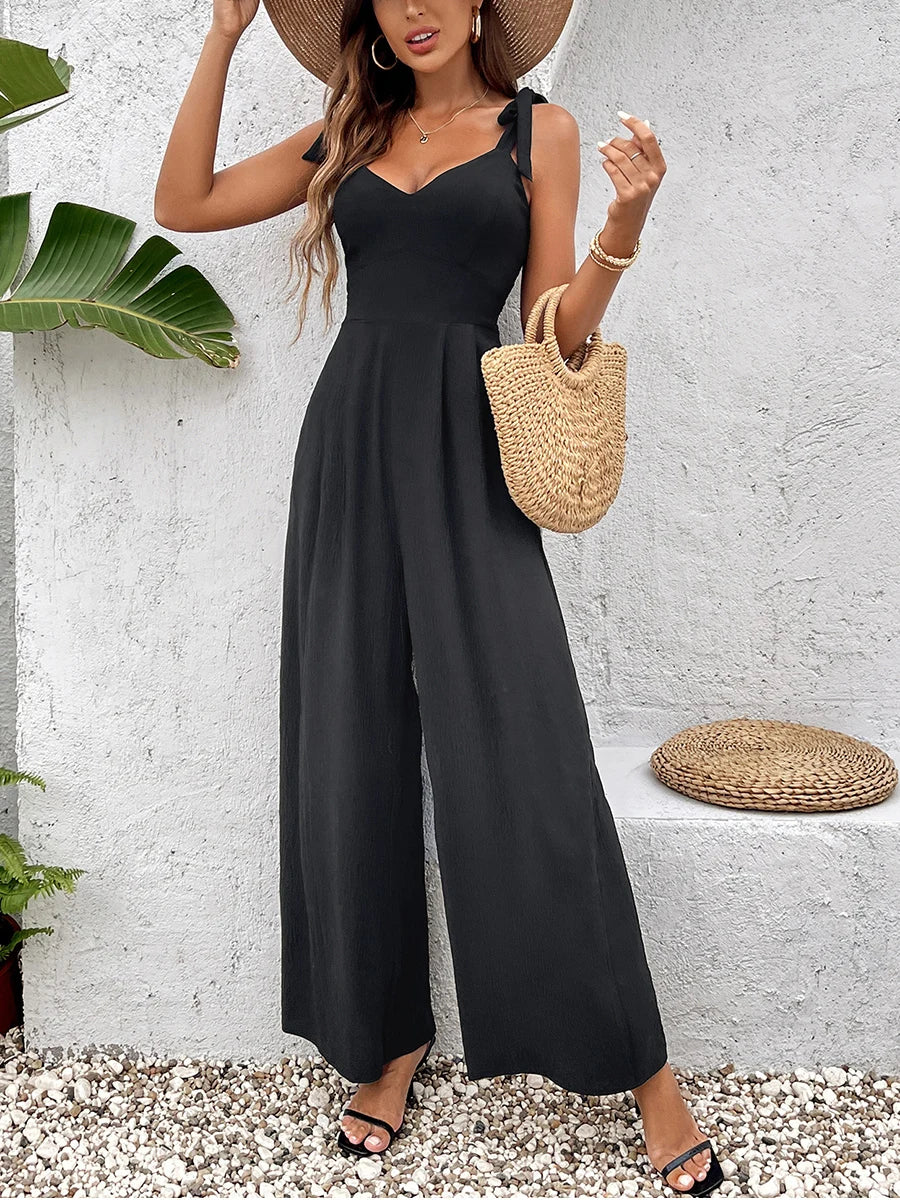 Women's V-Neck Wide Leg Jumpsuit - Backless Sleeveless Tie-Up Bodysuit