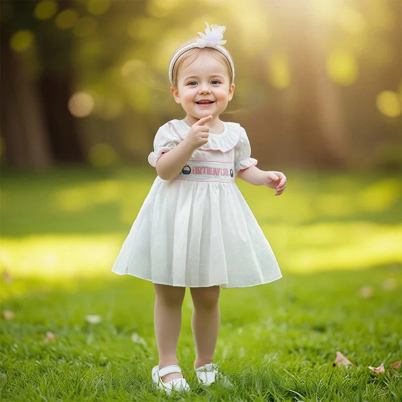 0-4Y  Kids Girls Birthday Dress 2 Style Short Sleeve Cake Embroidery Smocked Dress Summer A-Line Dress
