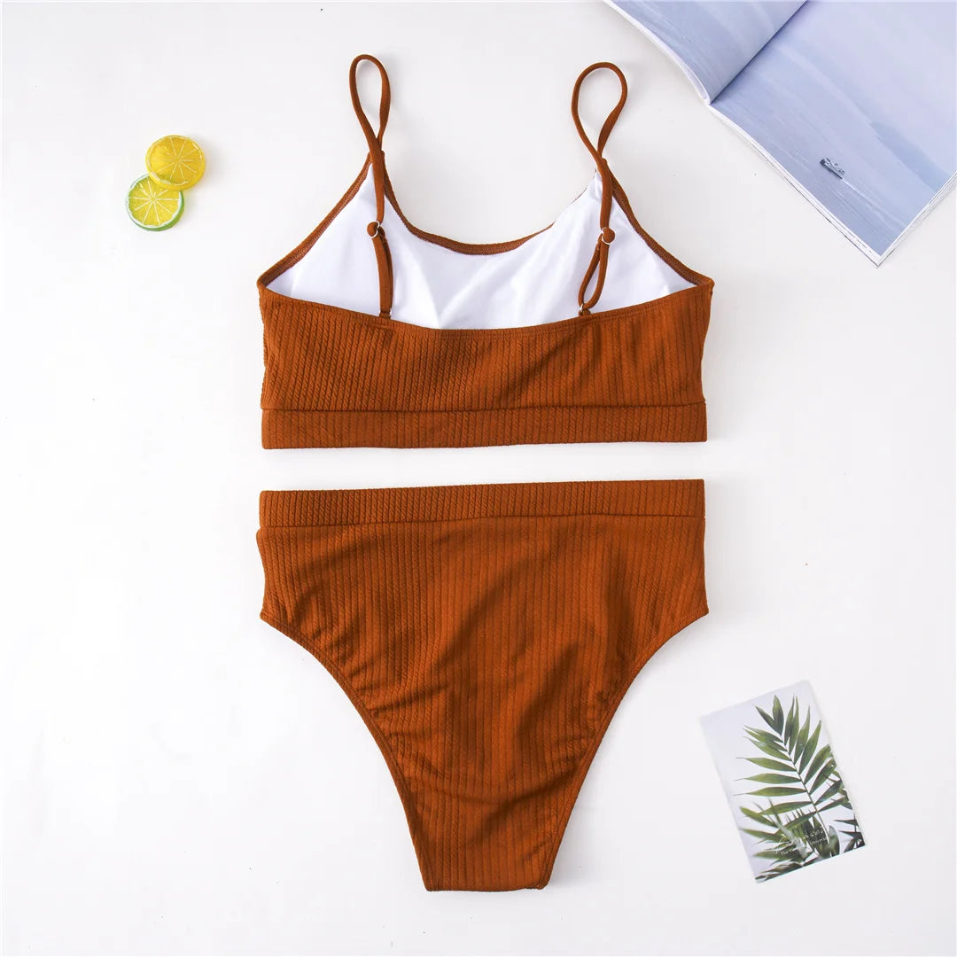 Ribbed Bikini Set - High Waist Two Piece Swimsuit