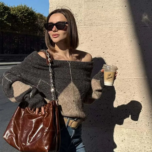 Vintage Argyle Off Shoulder Knit Sweater - Long Sleeve Loose Casual Pullover