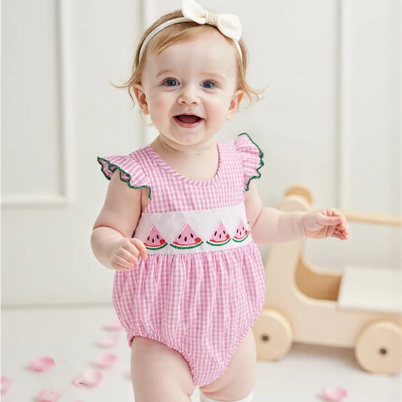 Baby Fruit Embroidery Romper - Ruffles Fly Sleeves Plaid Print Jumpsuit (0-18M)