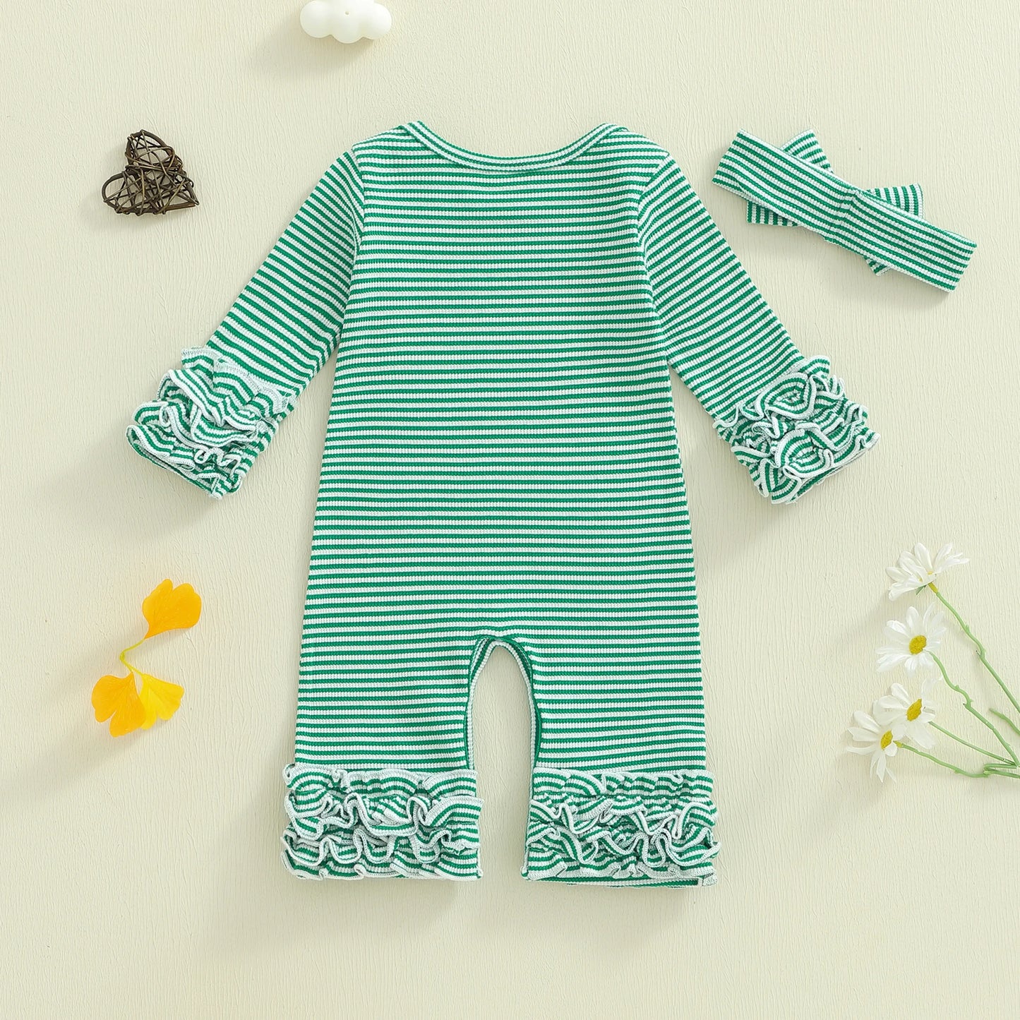 Baby Girls Striped Romper Outfit - Long Sleeve Full Length Jumpsuit with Bow Headband (0-18M)