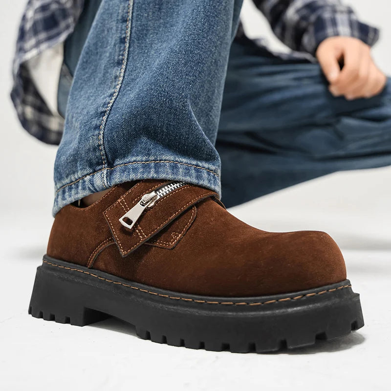 Men's Suede Leather Platform Work Shoes - Zipper Business Sneakers