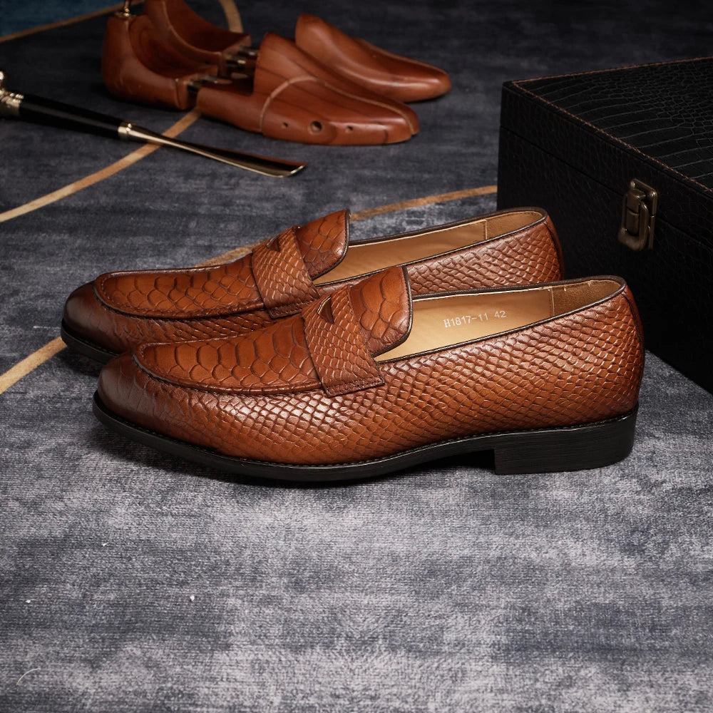 Men's Genuine Leather Snake Pattern Loafers – Pointed Slip-On Dress Shoes