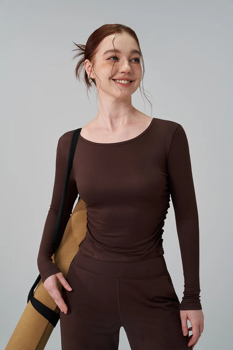 Ribbed Gym Top - Long Sleeve Drape Sides Yoga Shirt with Dry Fit