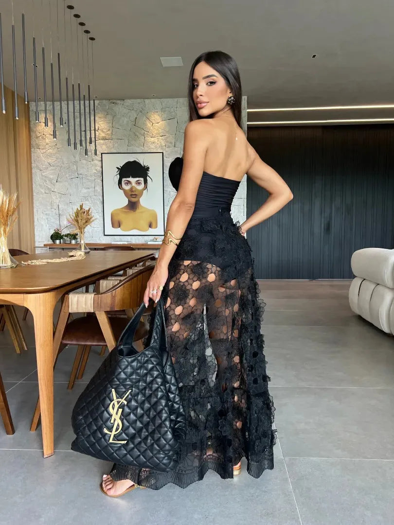 Women's 3D Floral Strapless Swimsuit & Ankle-Length Skirt Set