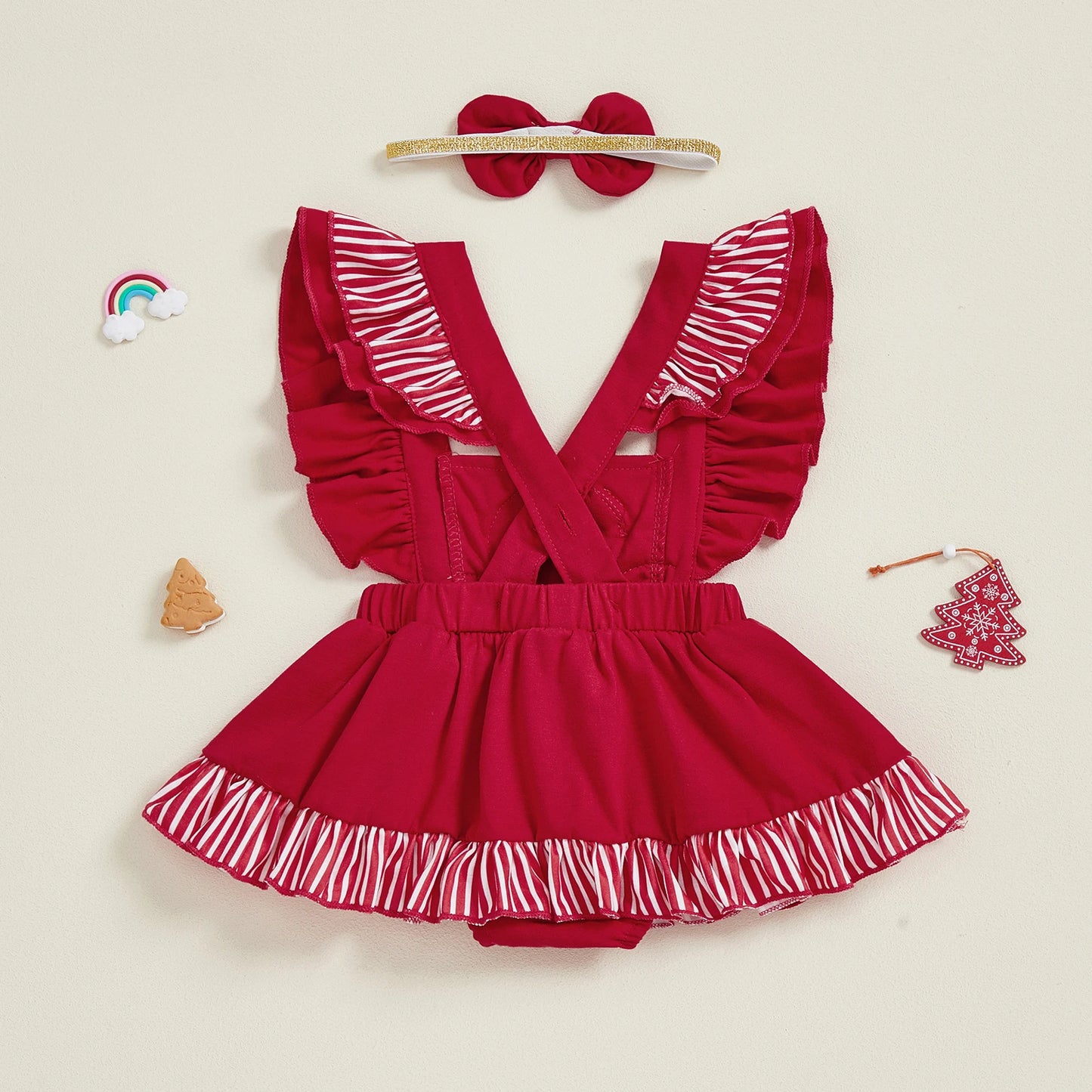 Baby Girls Christmas Romper Dress - Gingerbread Man Flying Sleeve Jumpsuit with Bow Headband (0-18M)