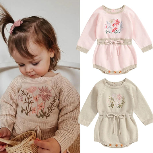 0-24M Baby Girls Romper Long Sleeve Flower Embroidery Drawstring Knit Sweater Jumpsuit