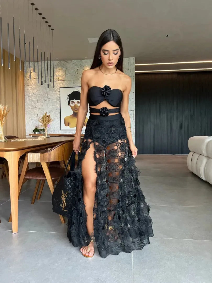 Women's 3D Floral Strapless Swimsuit & Ankle-Length Skirt Set