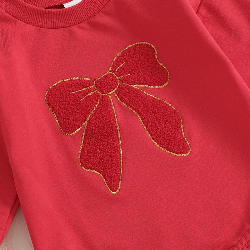 0-18M Baby Girls Sweatshirt Romper Bow Embroidery Long Sleeve Crew Neck Bubble Jumpsuit