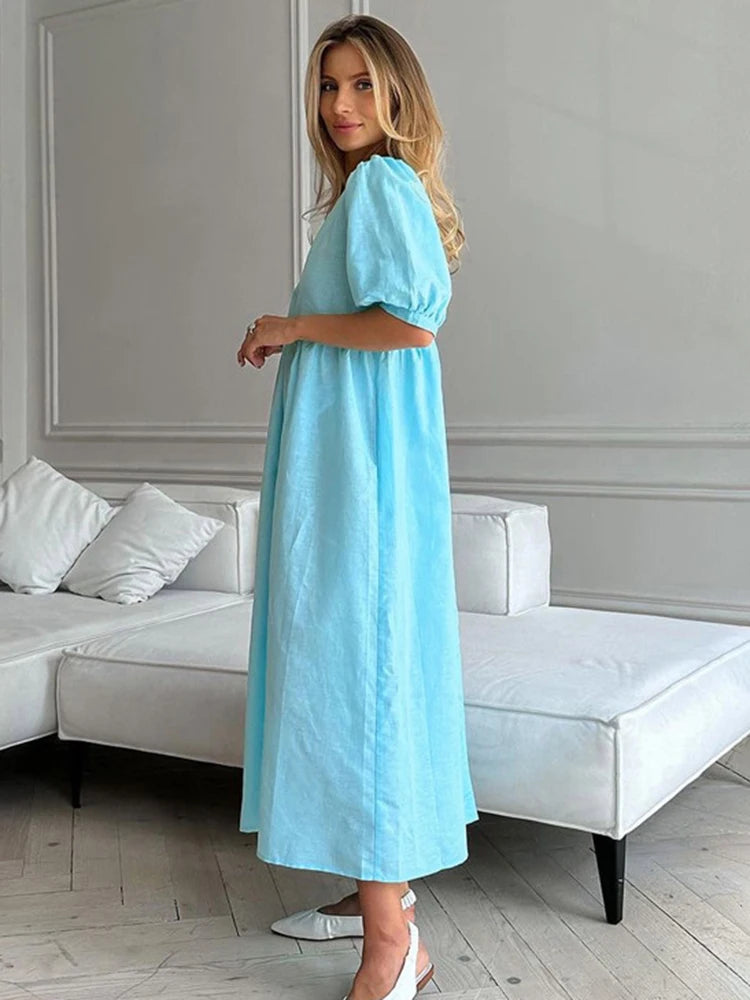 Women's  V-Neck Puff Sleeve Blue Dress- High Waisted Long  Dress