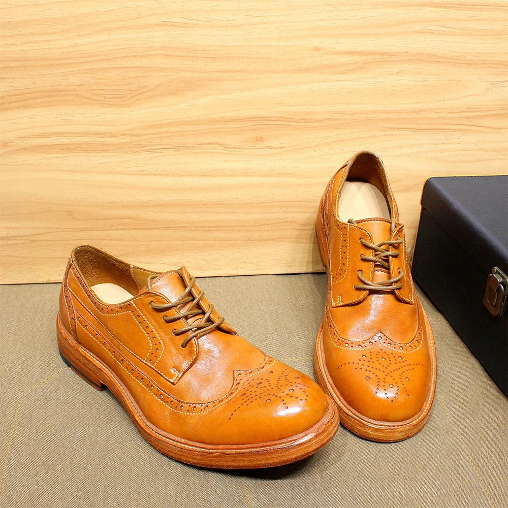 Handmade Stitched Derby Dress Shoes - Soft Calfskin Leather Wingtip Brogue