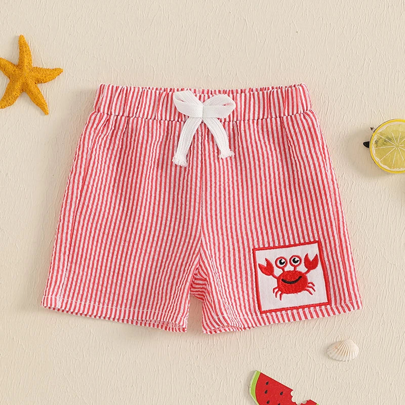 0-4Y Toddler Baby Boys Summer Casual Stripe Crab Embroidery Elastic Waist  Shorts