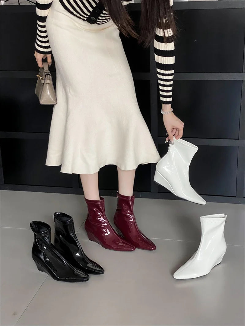 Patent Leather Pointed Toe Chelsea Ankle Boots | Wedge Heel & Rear Zip