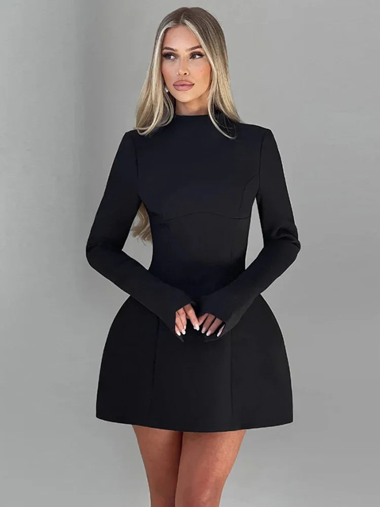 Women's Long Sleeve Backless Mini Round Neck High Waist A-line Bodycon Dress