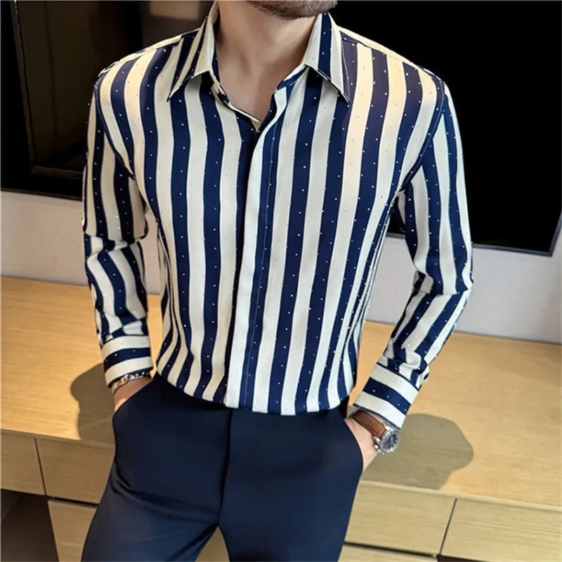 Men's Striped Square Collar Long Sleeve Shirt