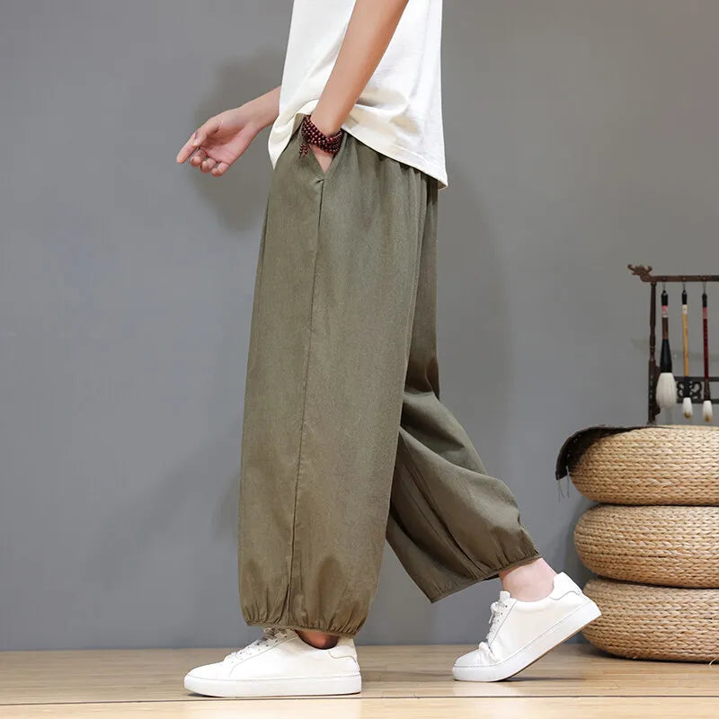 Men's Summer Wide Leg Pants Casual  Breathable Loose Ankle Length  Harem Trousers