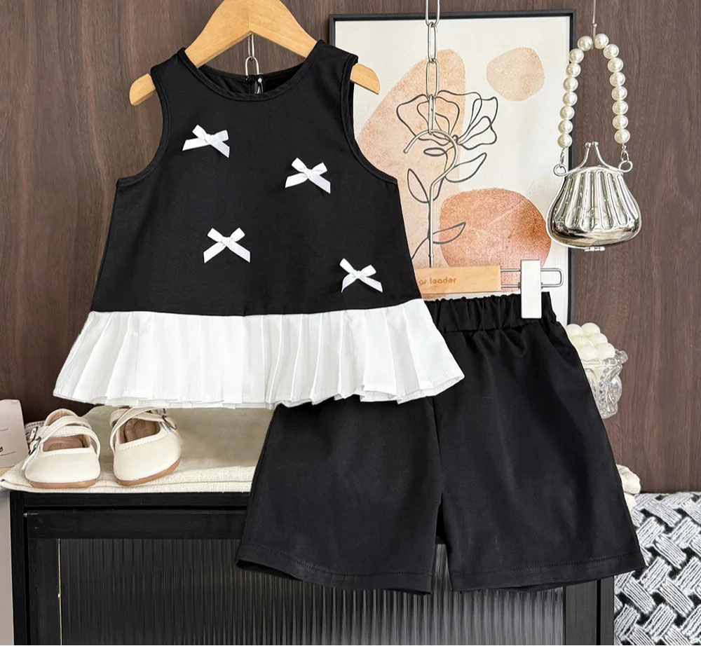Girl's 3D Bow Round Neck Sleeveless Top and Short 2-Pcs Set