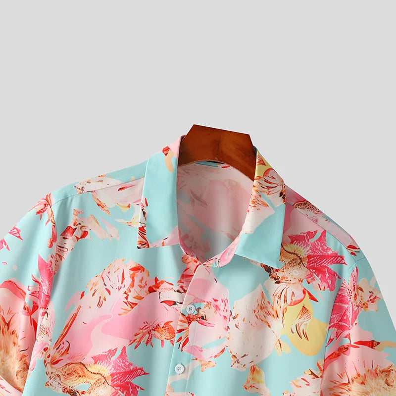 Men Printed Lapel Short Sleeve Summer Hawaiian Shirt