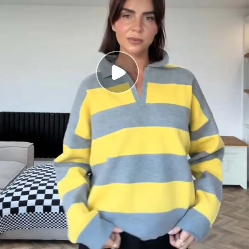 Striped Knit Polo Neck Sweater