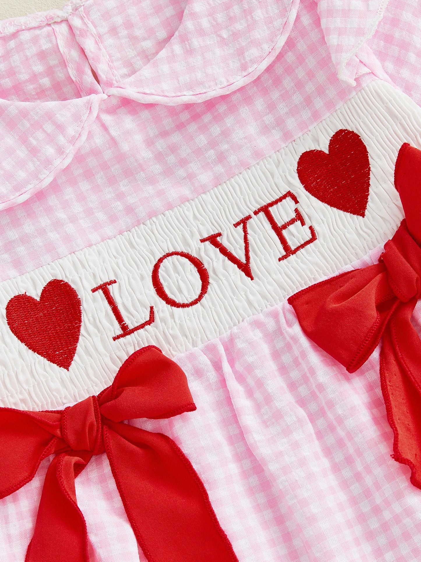 Baby Girls Valentine's Romper - Plaid Embroidered Ruffled Doll Neck Jumpsuit 0-18M