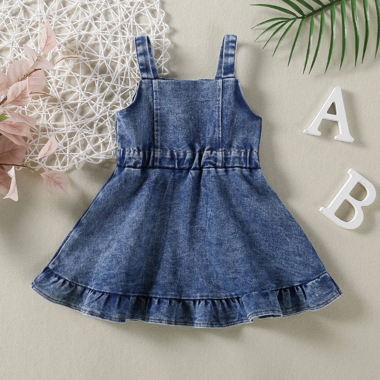 0-4Y Kids Girls Denim Ruffles Sleeveless Strap Button A-Line Sundress